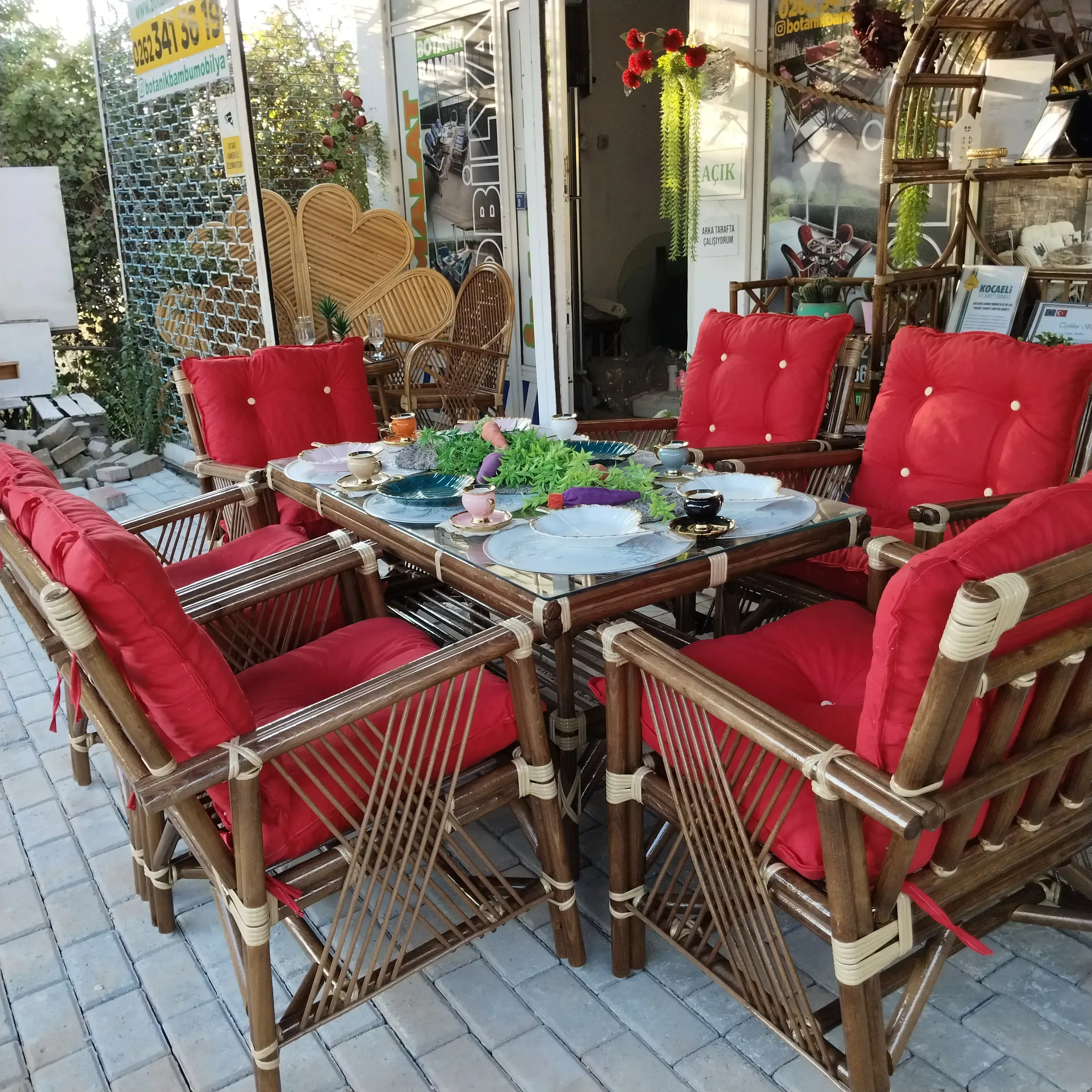 Antalya Bambu Düz Sopa Balkon Bahçe Takımı 6 Kişilik 