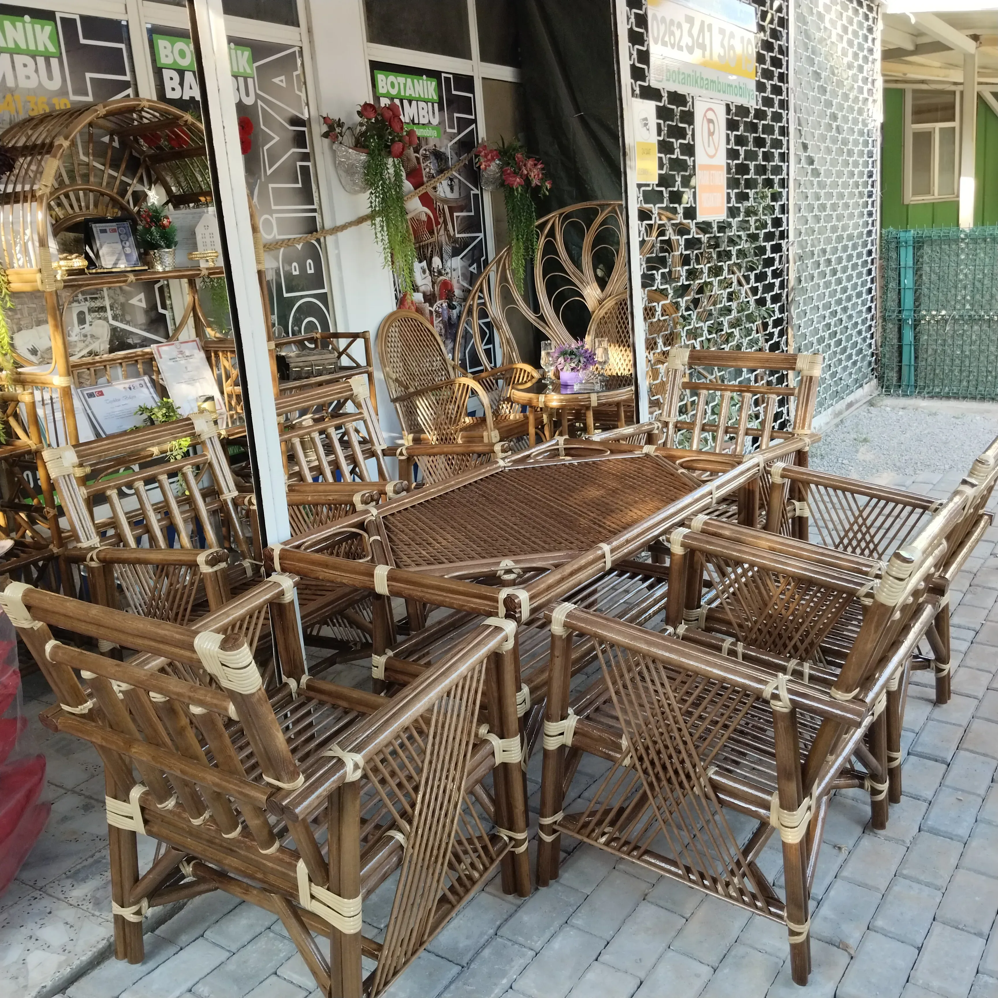 Antalya Bambu Düz Sopa Balkon Bahçe Takımı 6 Kişilik 
