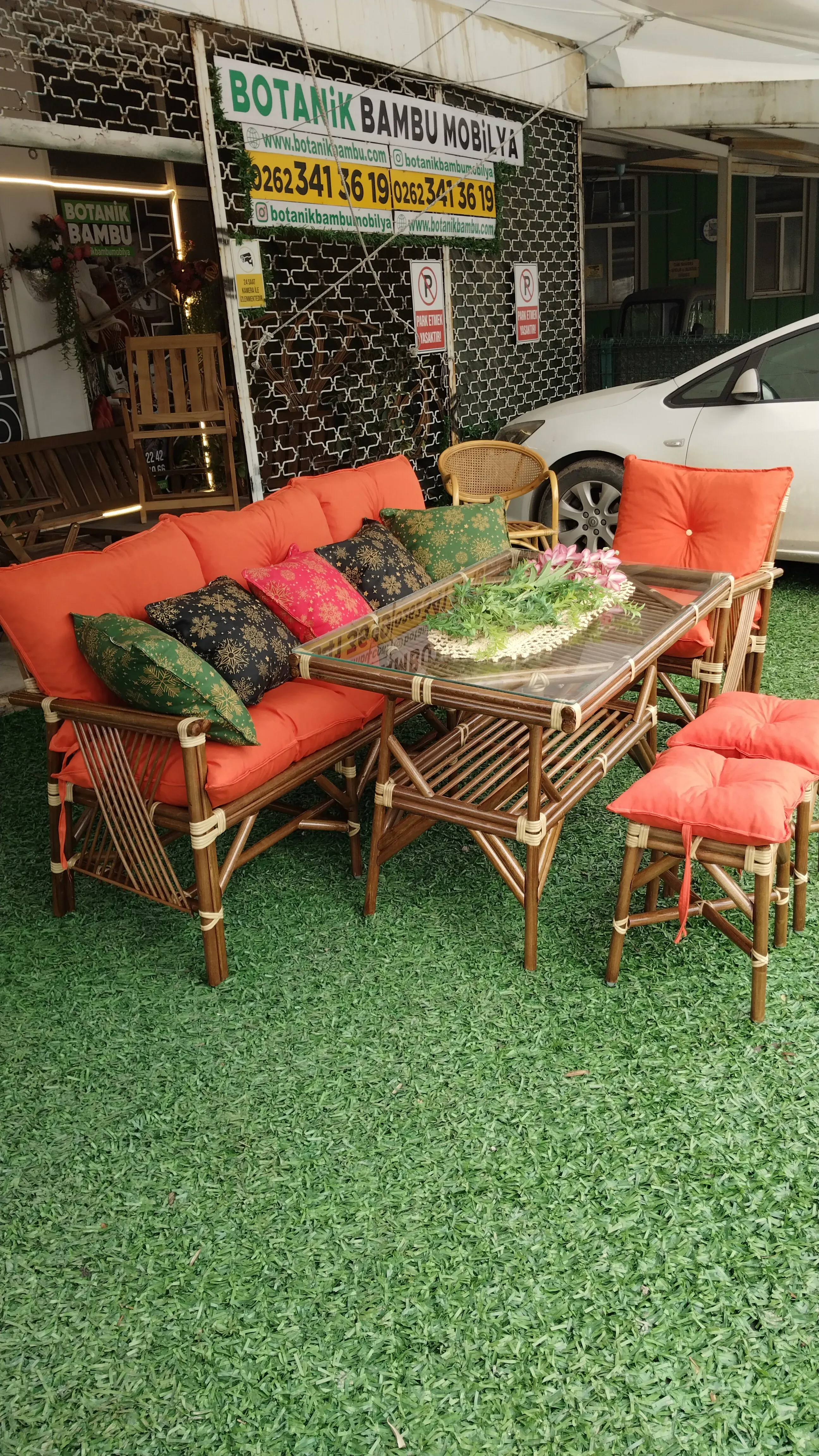 Bursa Bambu Balkon Bahçe  Natural Düz Sopa Takımı 4 Kişilik