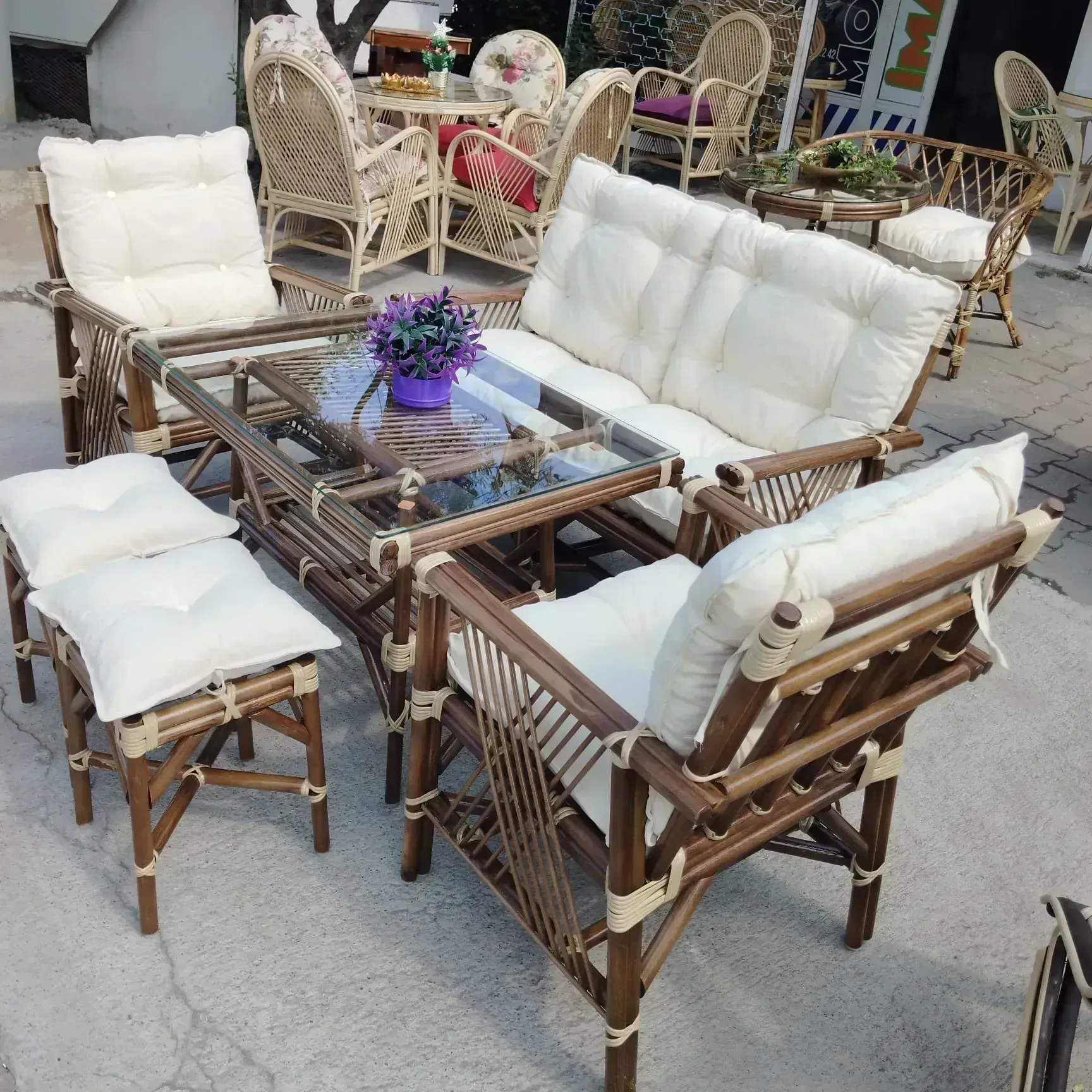 Bursa Bambu Balkon Bahçe  ceviz Düz Sopa Takımı 4 Kişilik