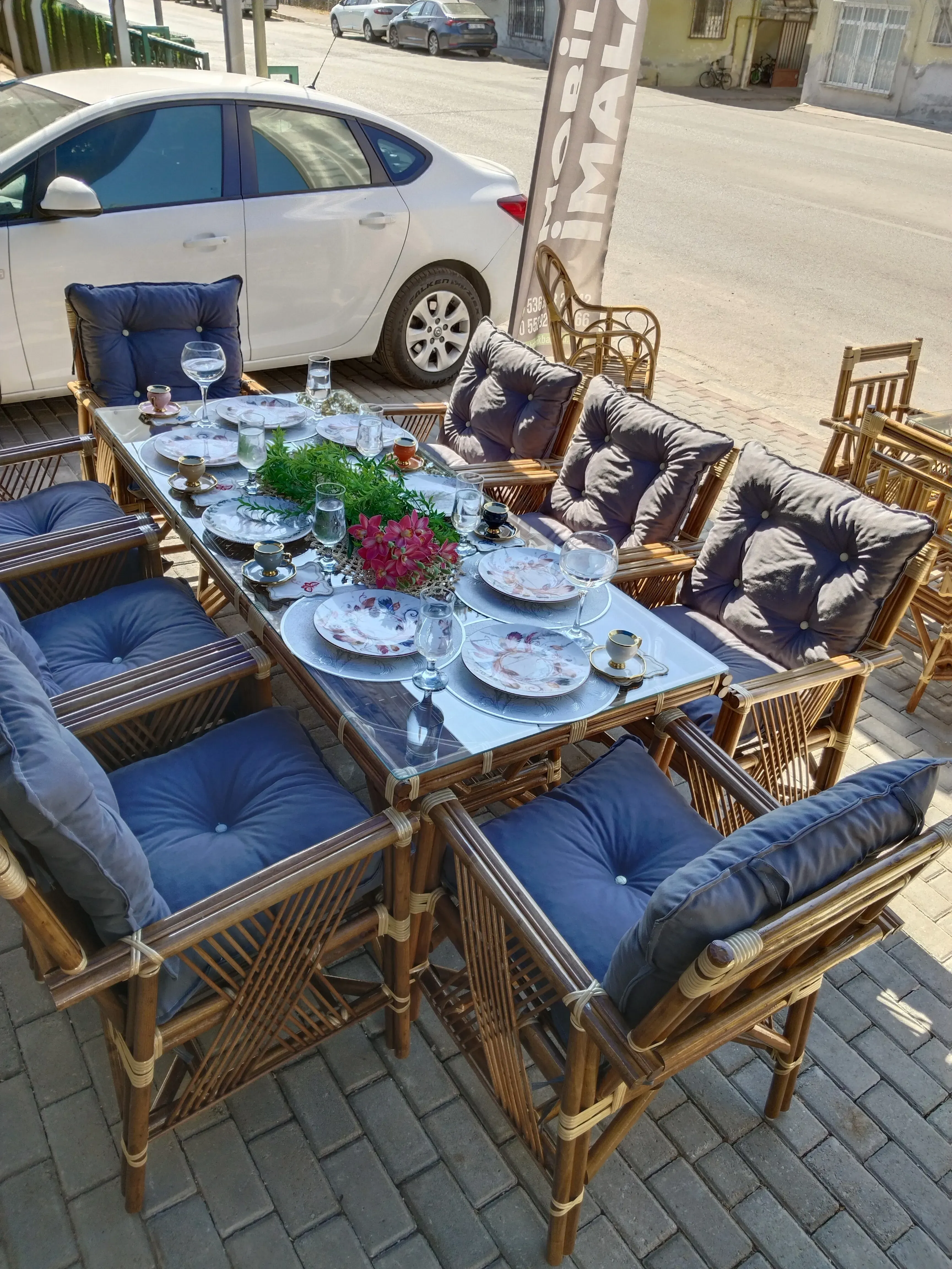 Düzce 8 kişilik dikdörtgen Bambu masa sandalye grubu