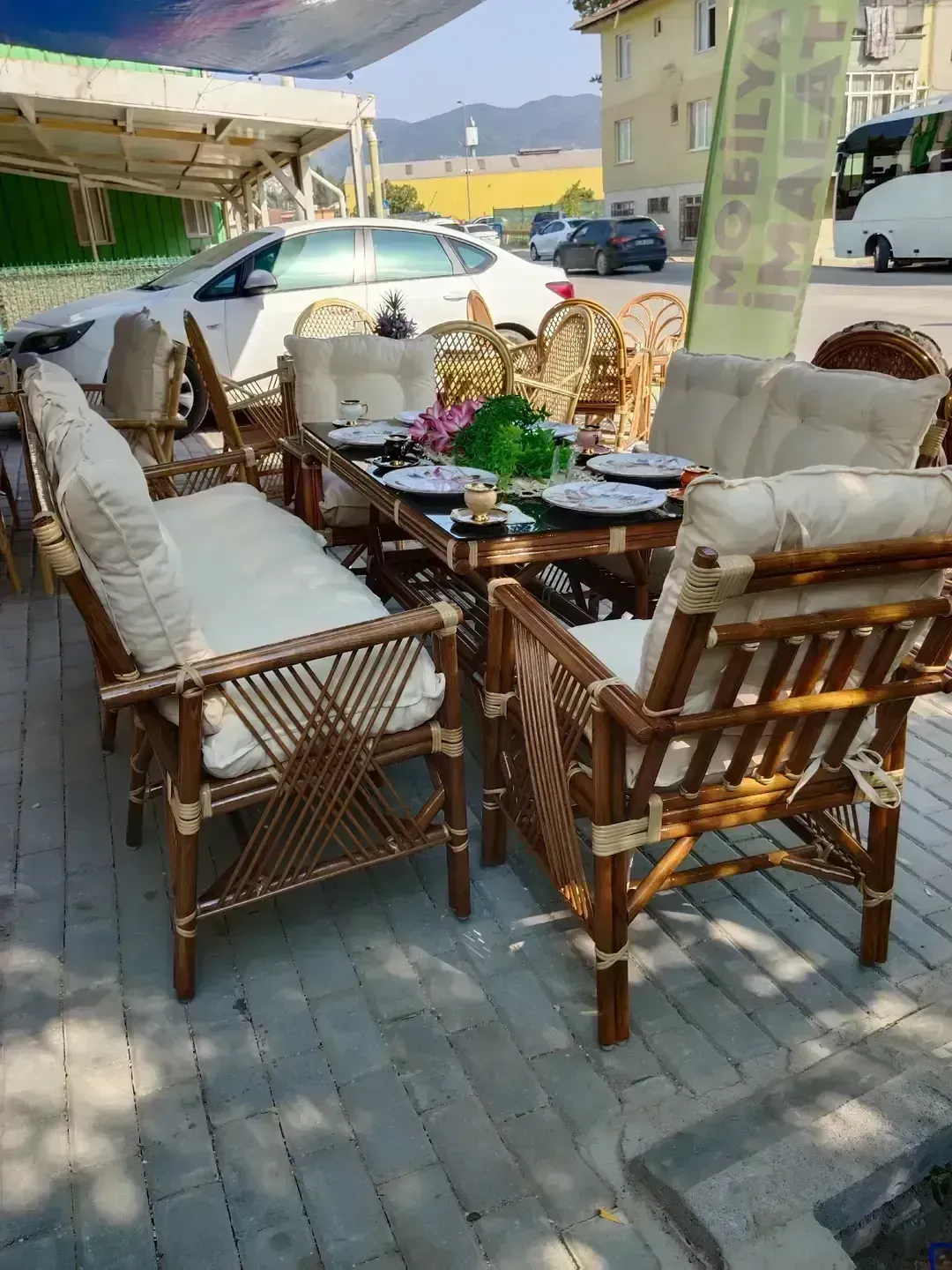 Manisa Bambu Balkon Bahçe Düz Sopa Takımı 6 Kişilik